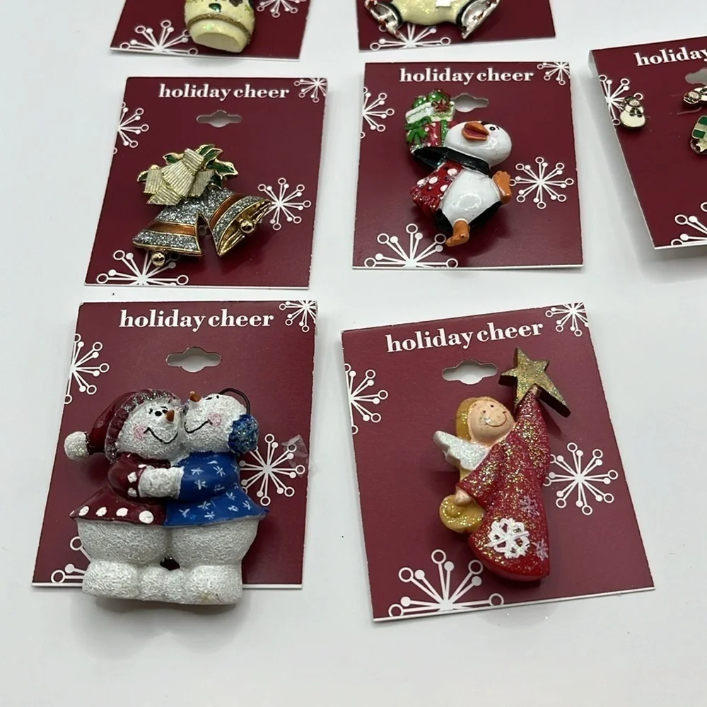Christmas Brooches 5 and Set  and 1 Set Earrings Snowman Bell Penguin Angel Pins